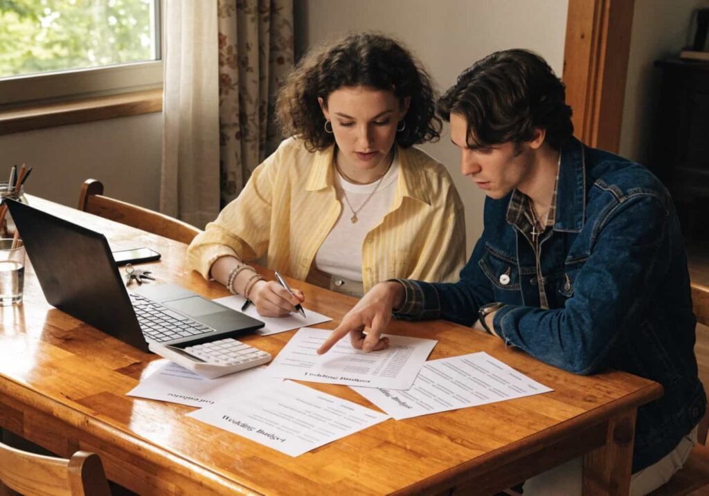 Couple planning their wedding reception theme budget together