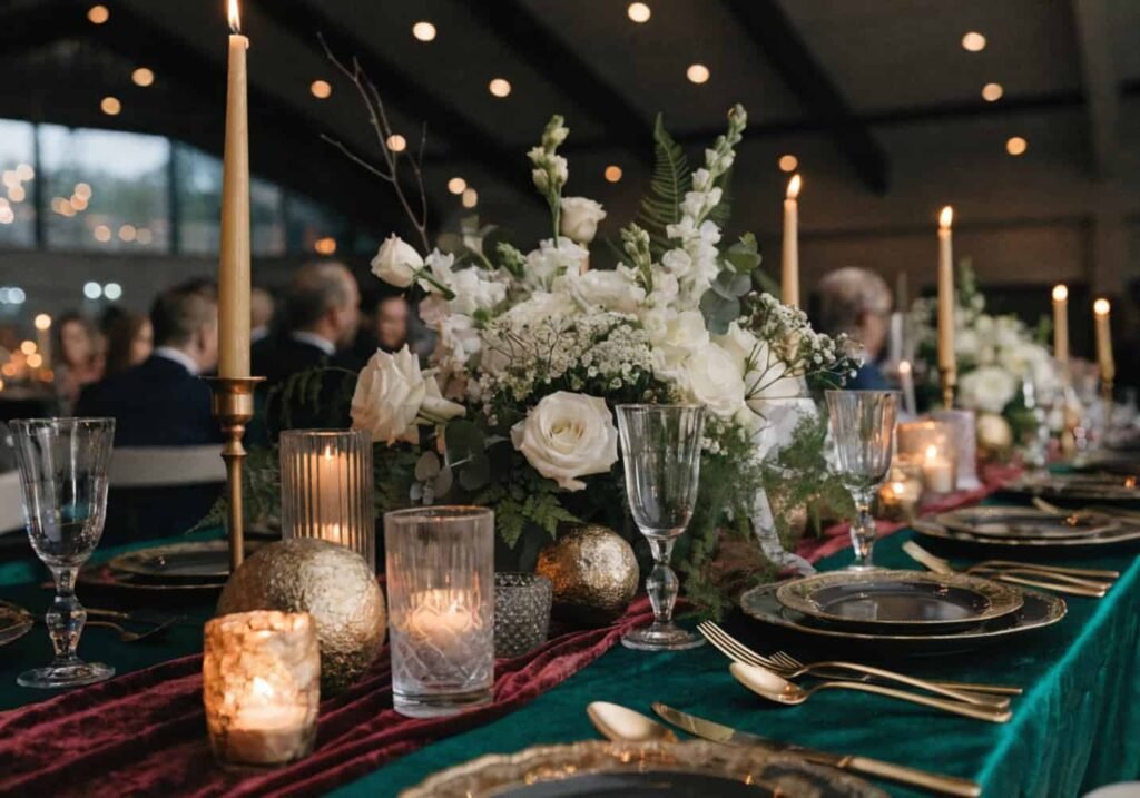 Jewel-tone color palette wedding reception table setting