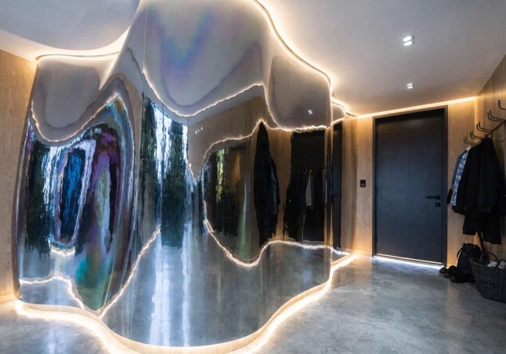 Futuristic liquid chrome home decor inspiration with LED ambient lighting