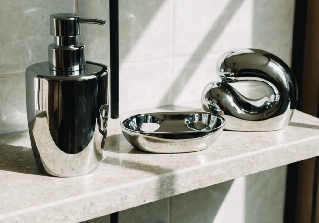 Liquid metal chrome accessories styled for a sleek modern home