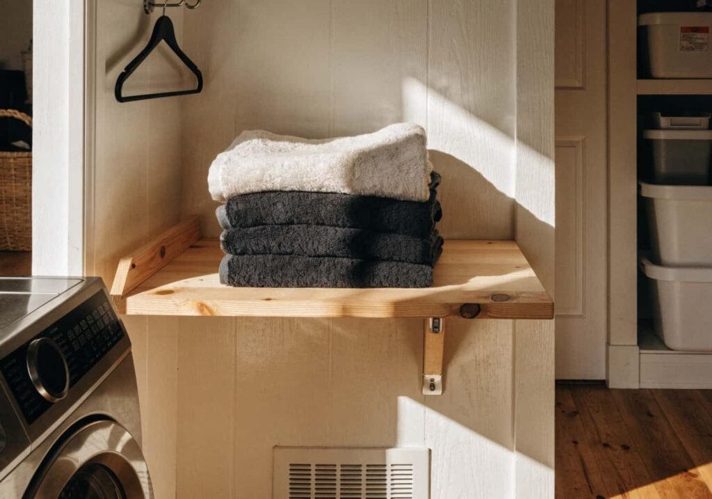 Wall-mounted fold-down folding table in a small laundry closet with folded towels on top