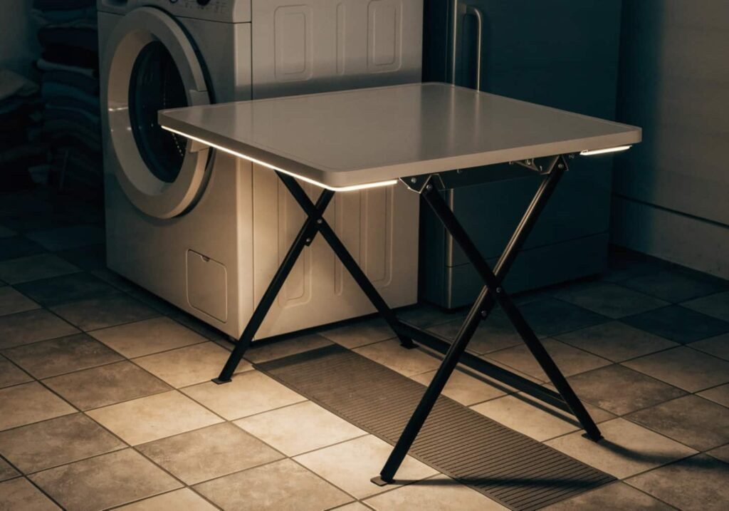 Smart folding table with built-in LED lighting in laundry room