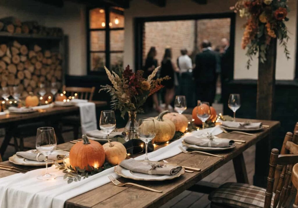 Autumn-themed wedding reception table with warm lighting and rustic decor