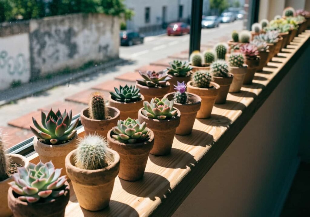 Tiny handmade clay pots with succulents on a sunny windowsill