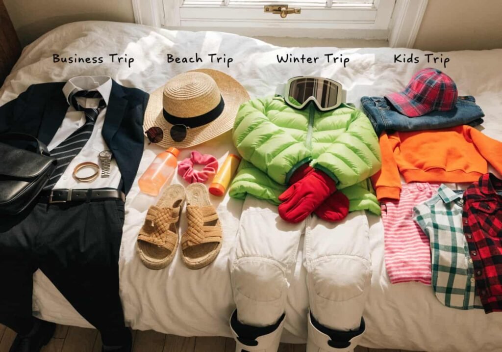 Different packed items representing business, beach, winter, and family travel styles