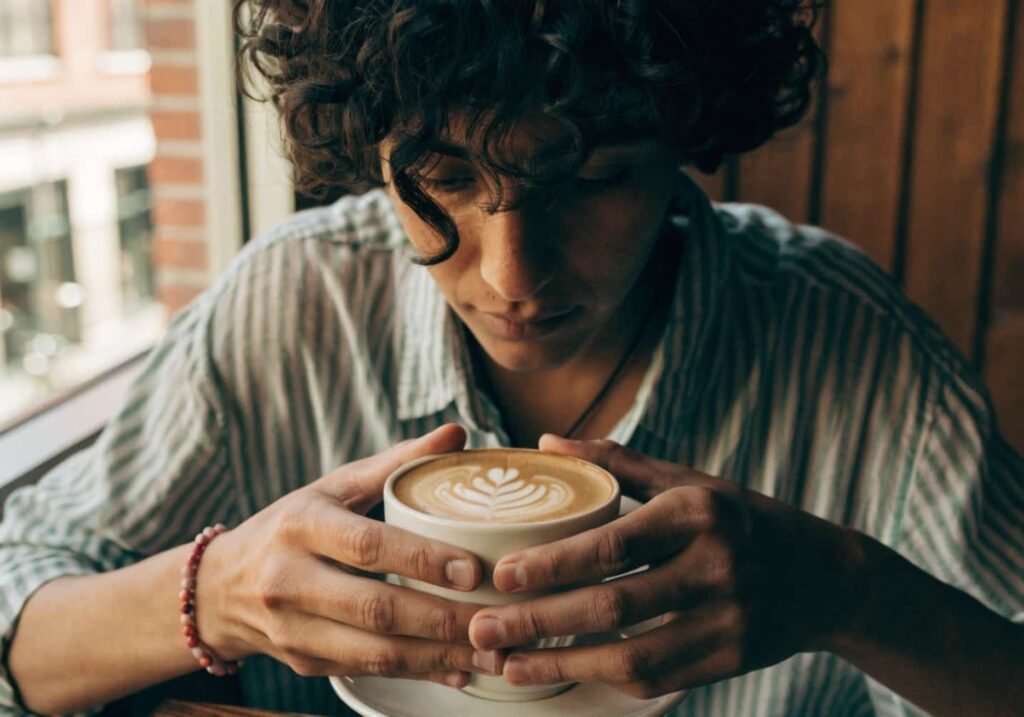 Person looking down at a coffee cup in a candid cafe moment.