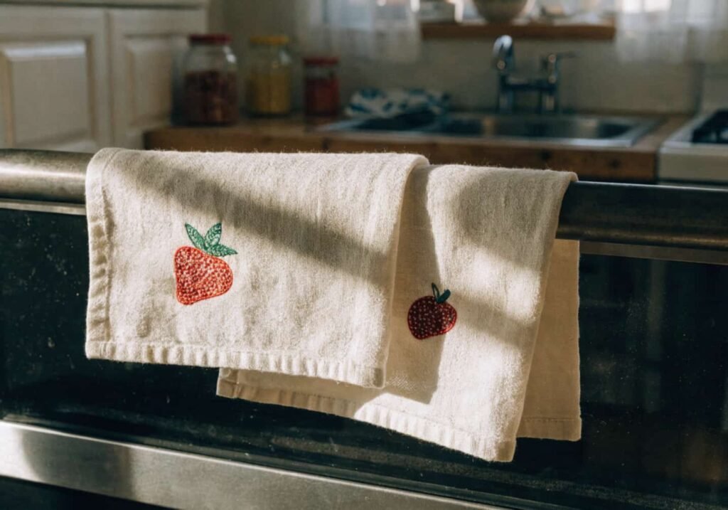 Embroidered kitchen towel with a cute fruit design hanging in a kitchen