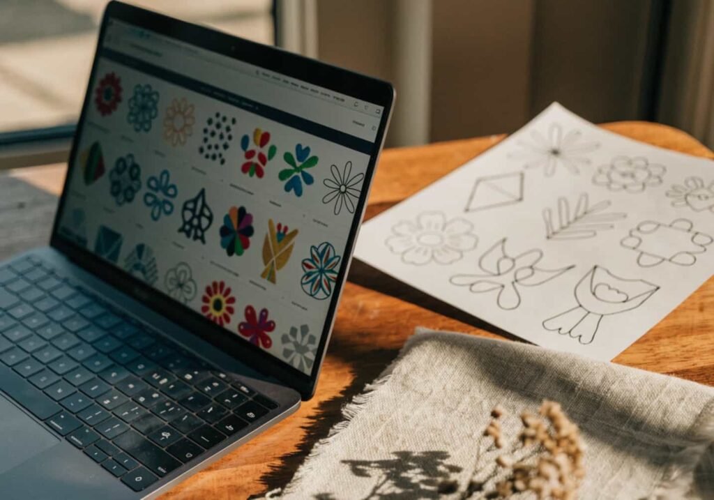 Laptop and printed pattern used for tracing a free embroidery design