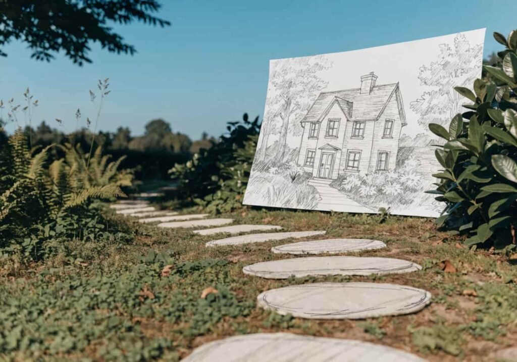 Hand-drawn winding pathway with stepping stones leading to a house sketch
