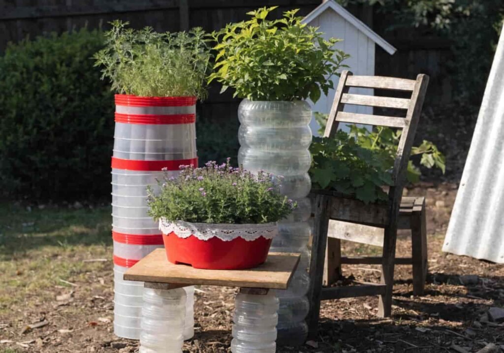 Budget-friendly DIY planters and furniture decorating a garden