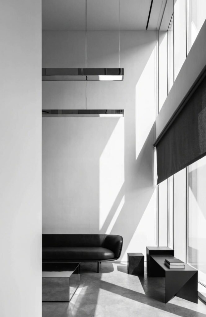 Linear chrome suspension light above a sofa in a sleek minimalist living room