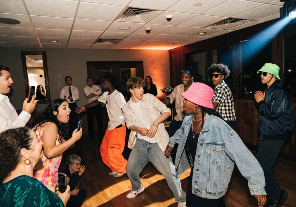 Surprise flash mob dance performance at a wedding reception