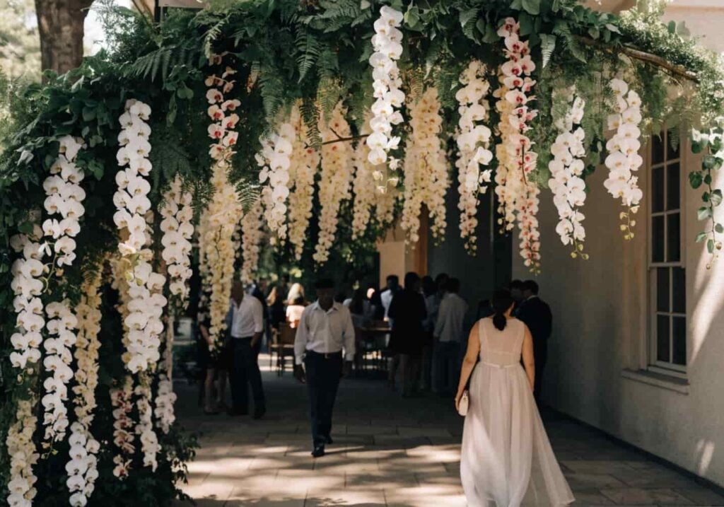Cascading orchid floral arch at a wedding reception entrance