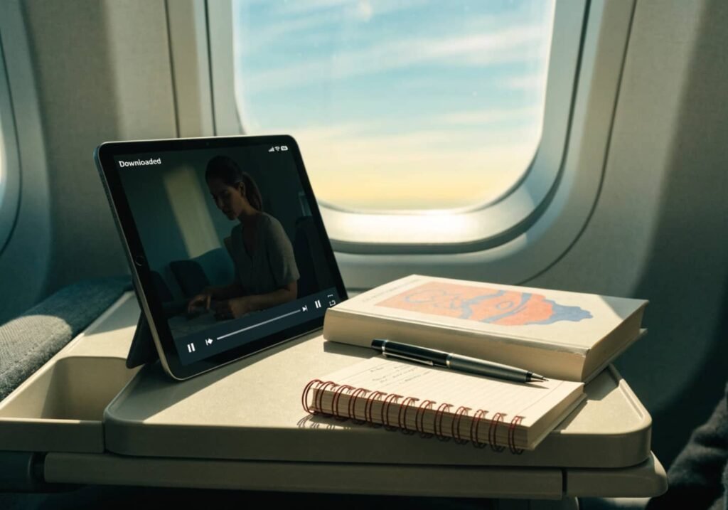 Tablet, book, and notebook arranged for entertainment during a long flight