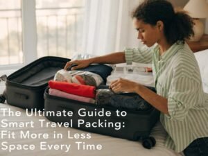 Person zipping suitcase and checking travel documents before leaving for a trip
