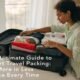 Person zipping suitcase and checking travel documents before leaving for a trip