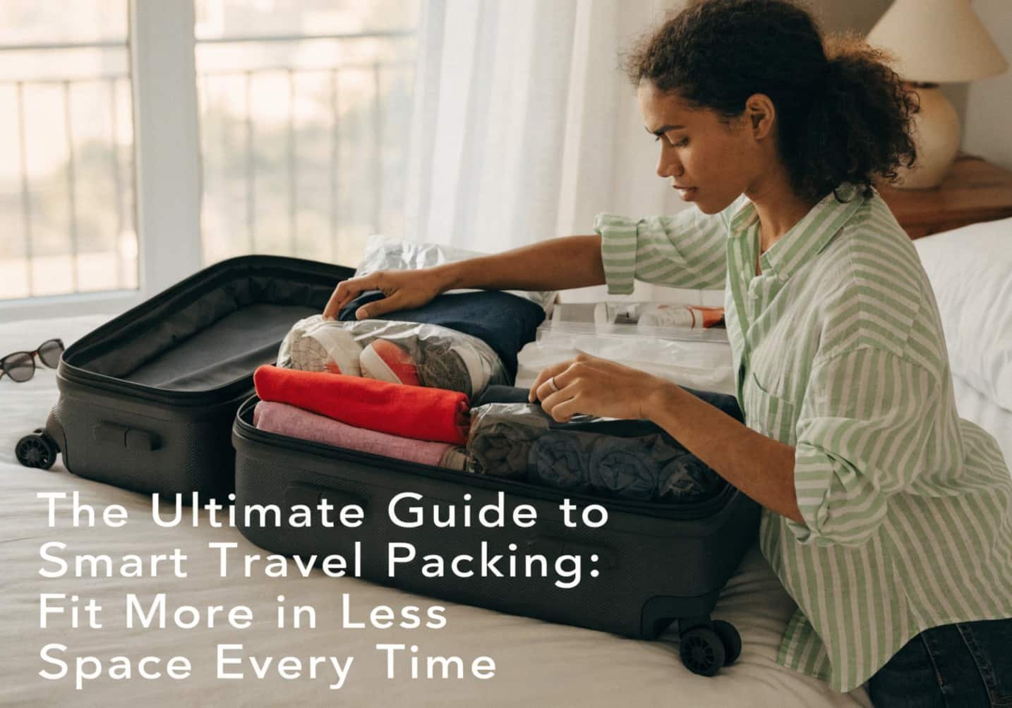 Person zipping suitcase and checking travel documents before leaving for a trip
