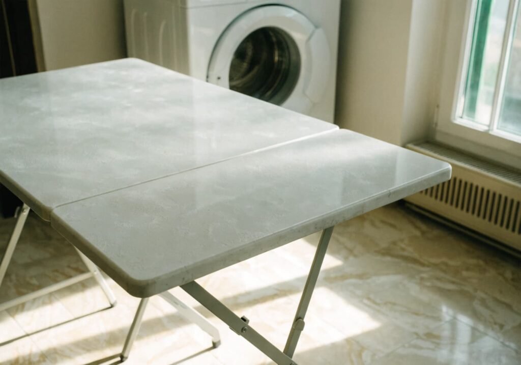 Matte white quartz folding table surface in laundry room
