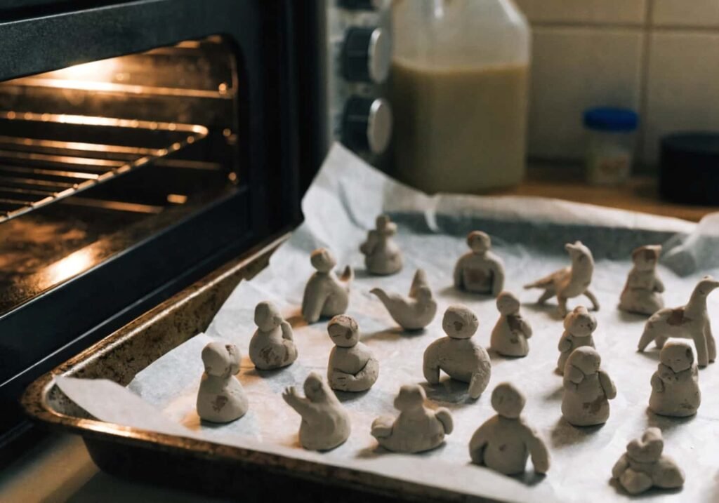 clay figures on baking tray ready to harden