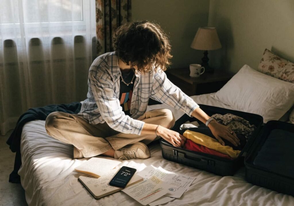 Person planning a trip by checking weather and writing a packing list before packing suitcase.