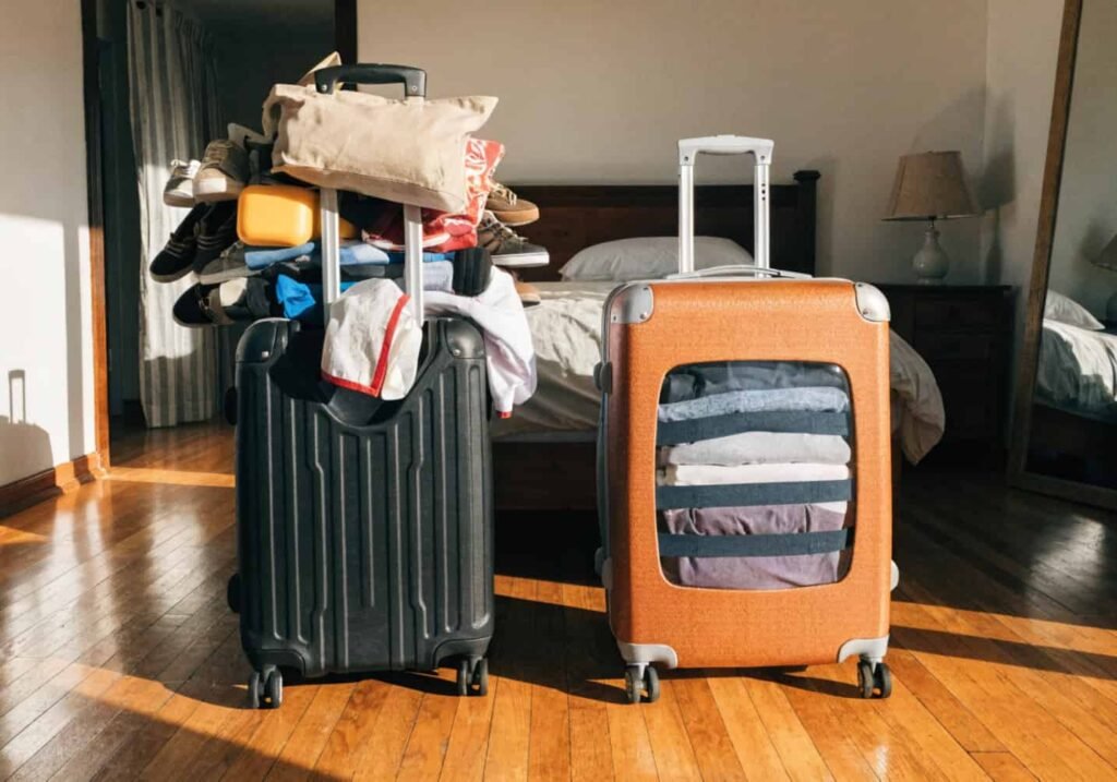 Overpacked messy suitcase showing common packing mistakes travelers make