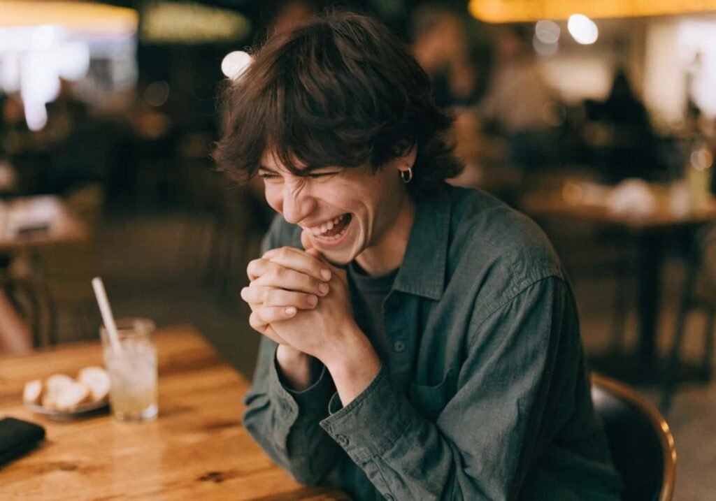 Candid photo of a person laughing naturally at a cafe.