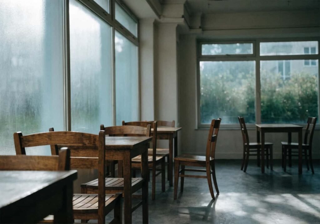 Quiet empty cafe interior in early morning light with soft diffused sunlight.