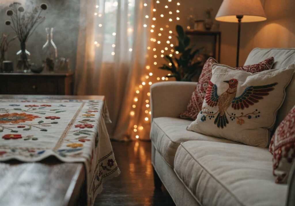 Living room decorated with festive embroidered cushions and table runner for the season