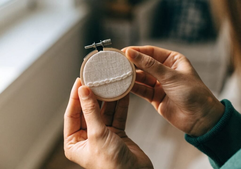 A finished simple embroidery project being proudly held up by hand