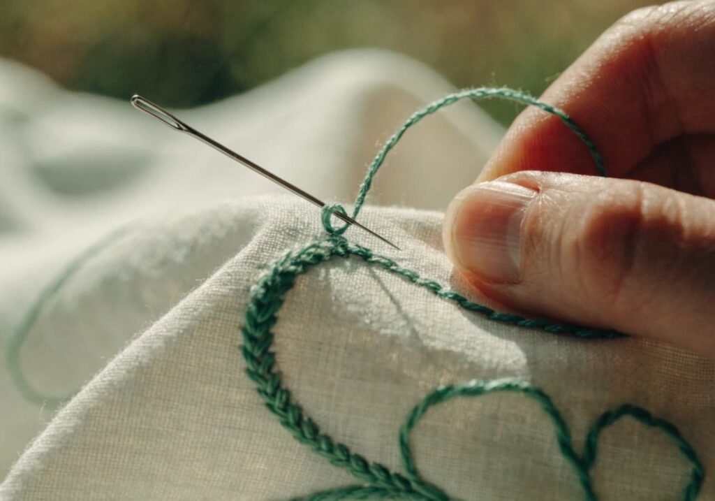 Hand stitching a curved stem line using stem stitch technique on fabric