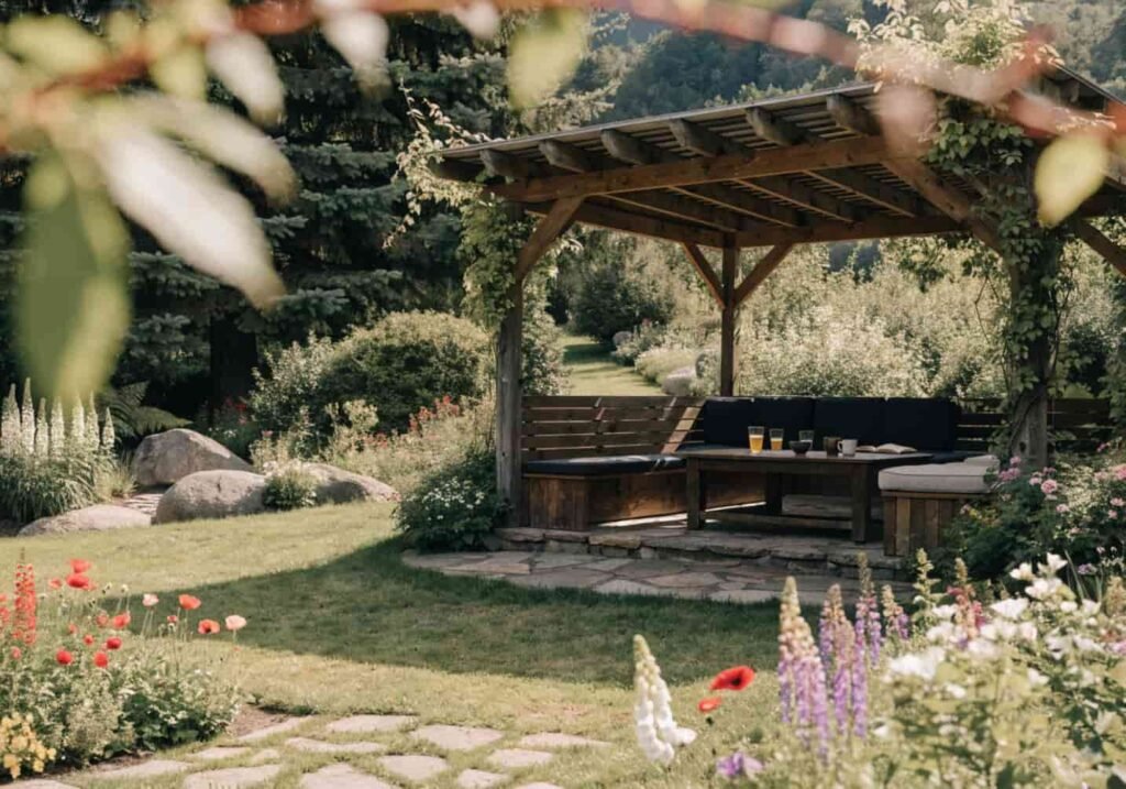 Gazebo and seating area placement idea in big garden