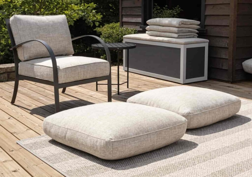 Patio decorated with weather-resistant cushions, outdoor rug, and storage bench