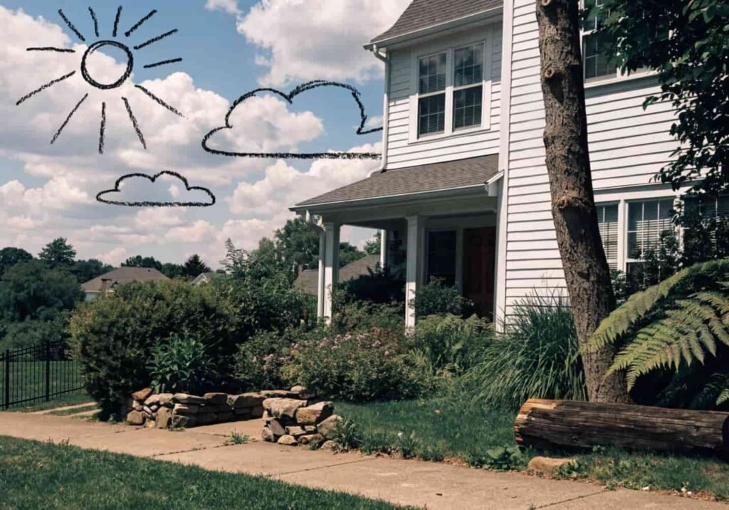 Simple sun and cloud shapes sketched in the sky above a house drawing