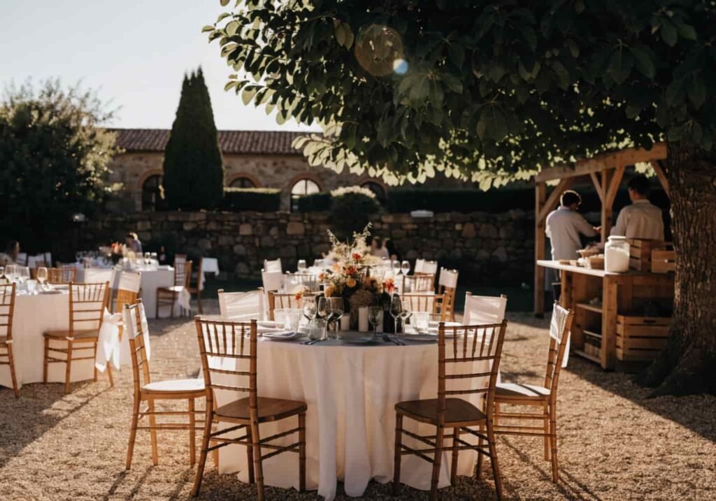 Wedding reception theme matched to seasonal lighting and time of day
