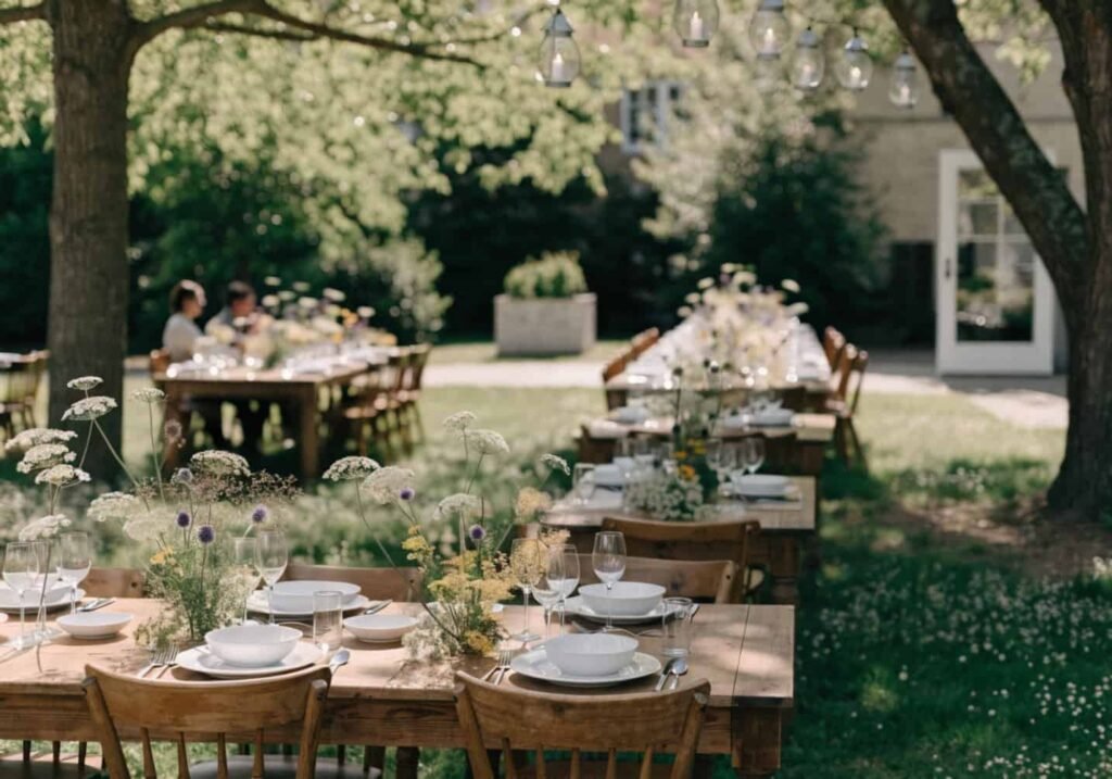 Outdoor garden wedding reception with wildflowers and lanterns
