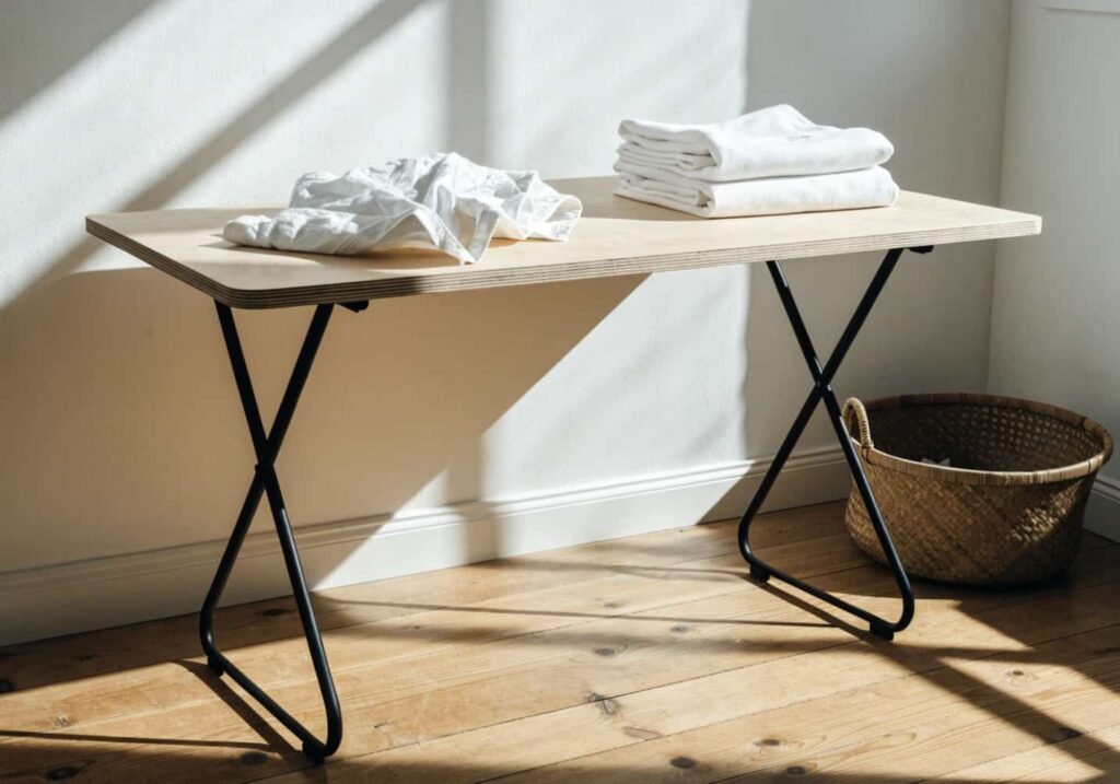 Scandinavian wood and metal folding table in laundry room