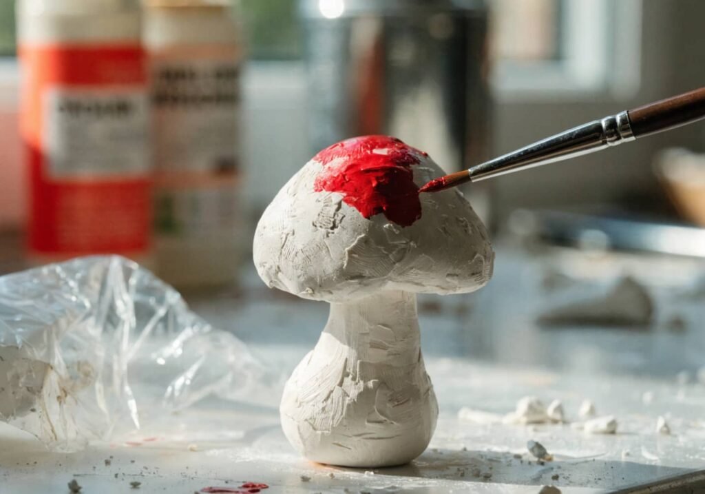 painting a tiny clay mushroom figure with brush