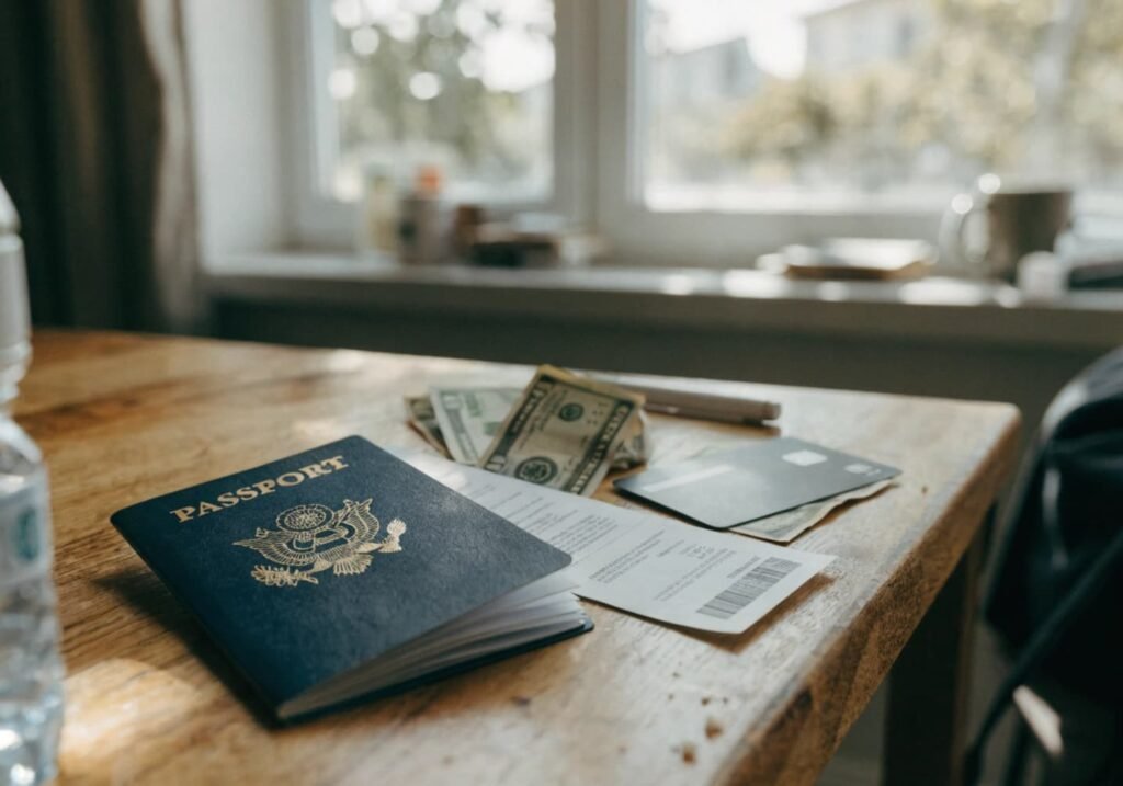 Passport, boarding pass, cash, and cards arranged as essential travel documents before a trip.