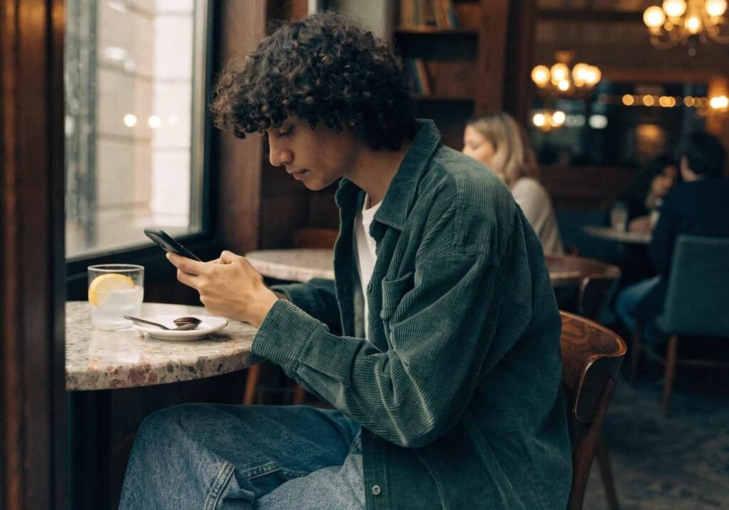 Person looking down at their phone in a natural cafe setting.