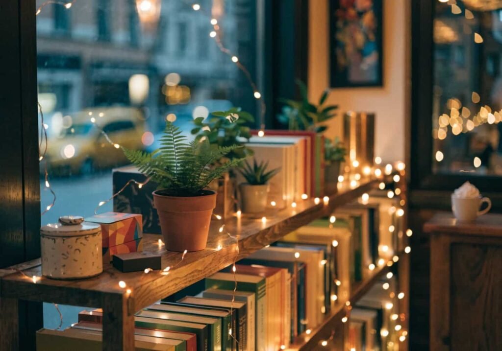 warm fairy lights on a cafe shelf in the evening