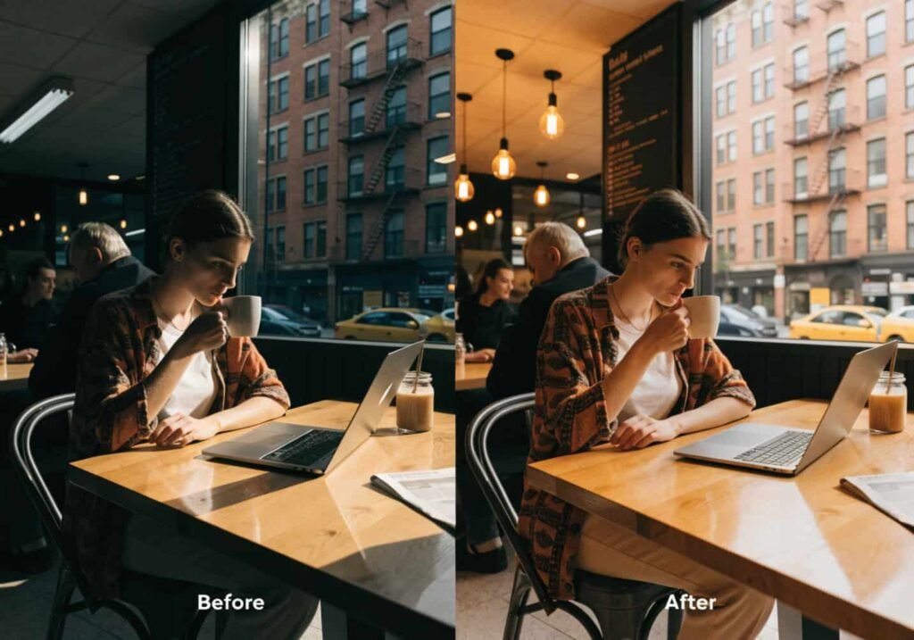 Before and after edited coffee shop photo with warm soft tones applied.