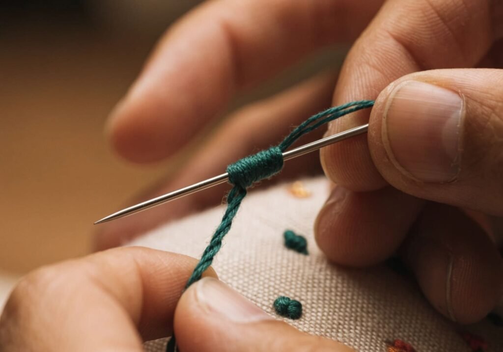 French knot stitch technique adding textured detail on embroidery fabric