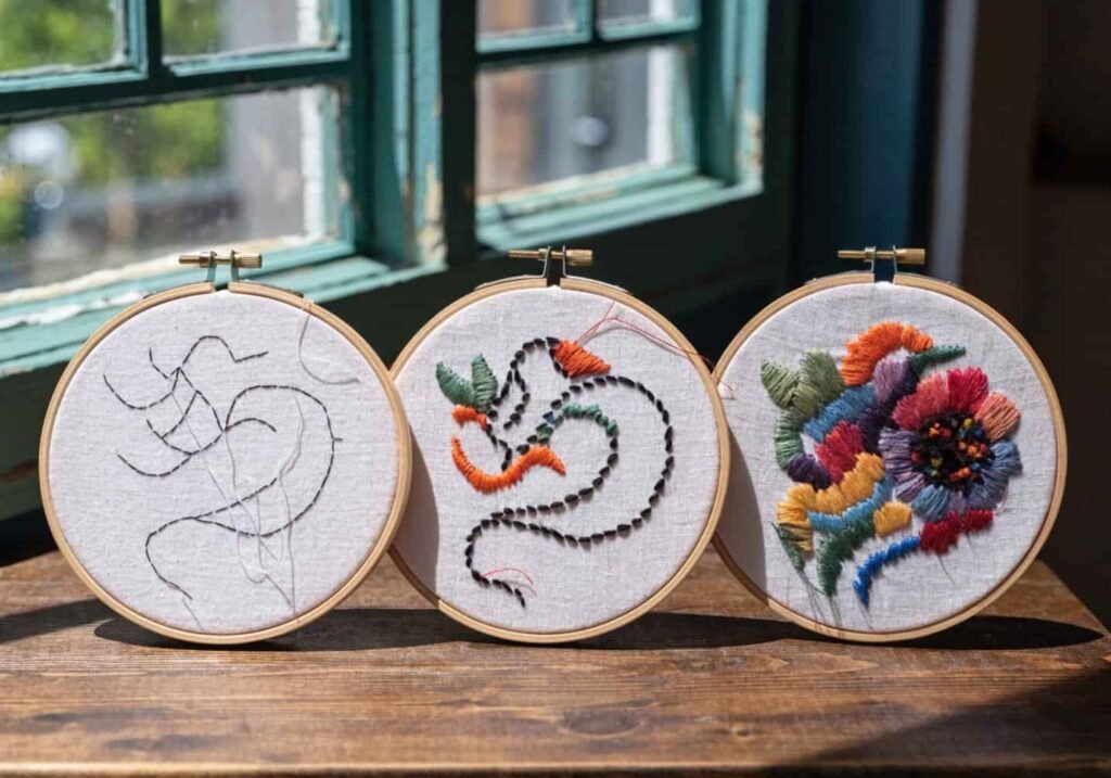 Progression of embroidery hoops showing improvement from beginner to advanced stitching