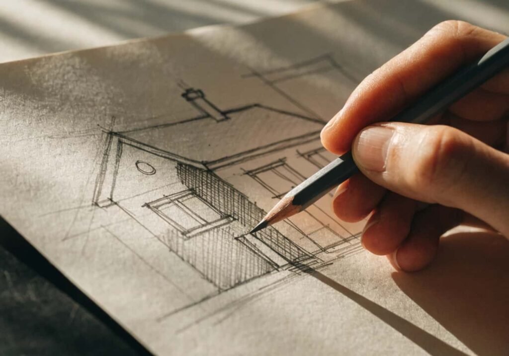 Hand shading a house drawing with soft pencil strokes to add depth