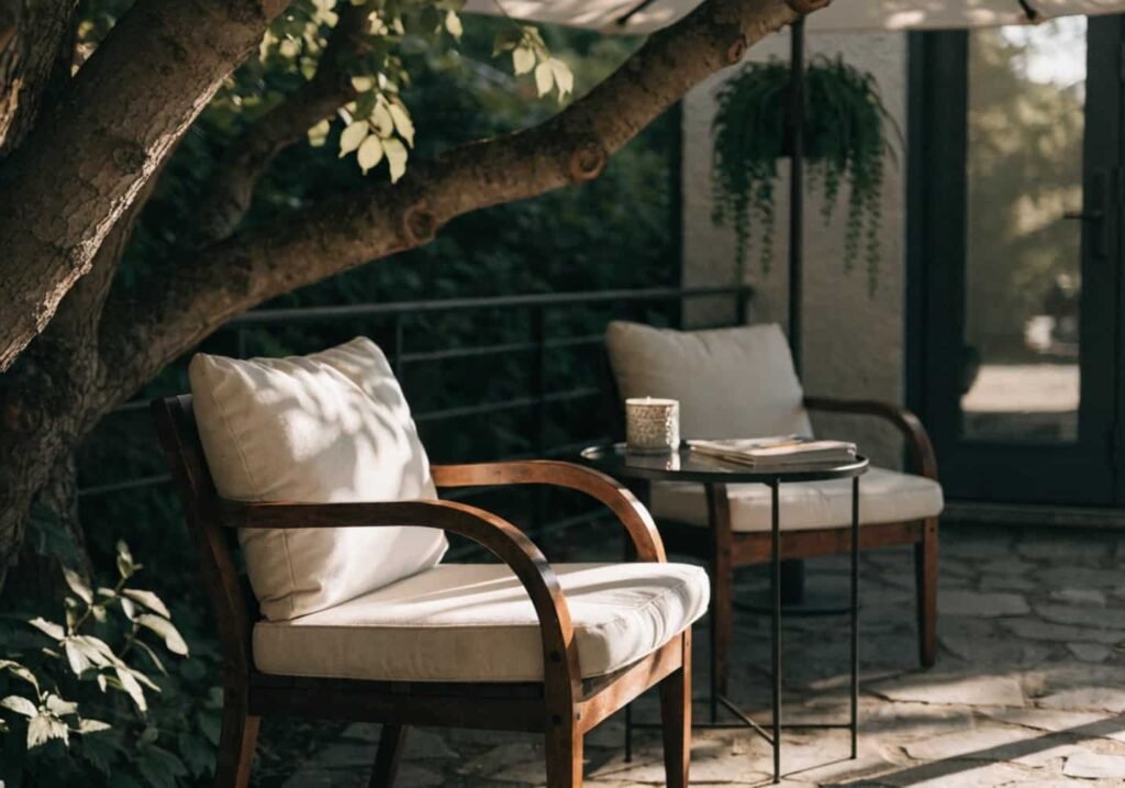 Cozy outdoor seating area in a garden with cushions and shade