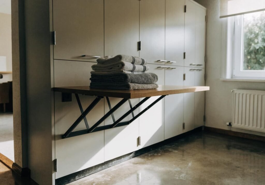 Homeowner planning a budget-friendly built-in laundry folding station