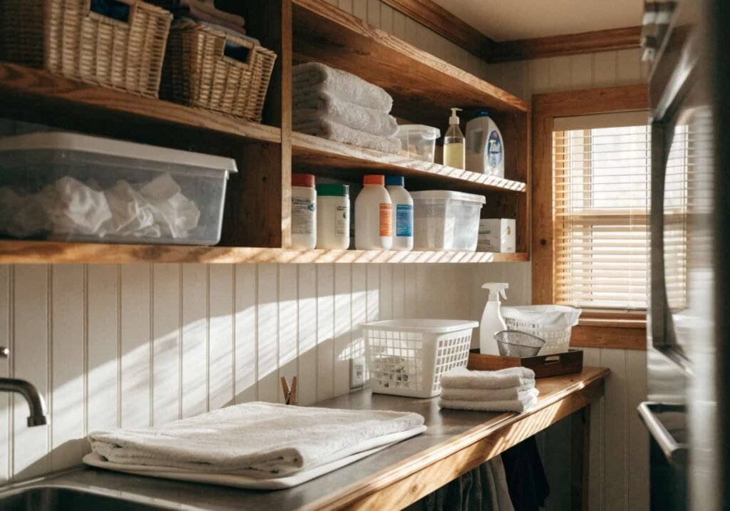 Open shelving installed above a laundry room folding counter
