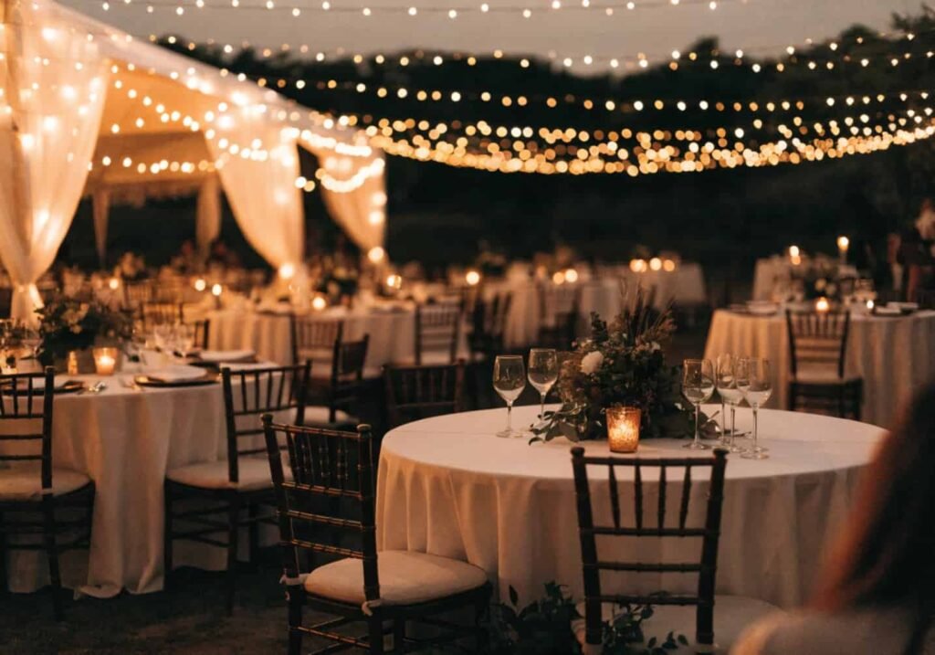 Wedding decor designed to match evening lighting and weather
