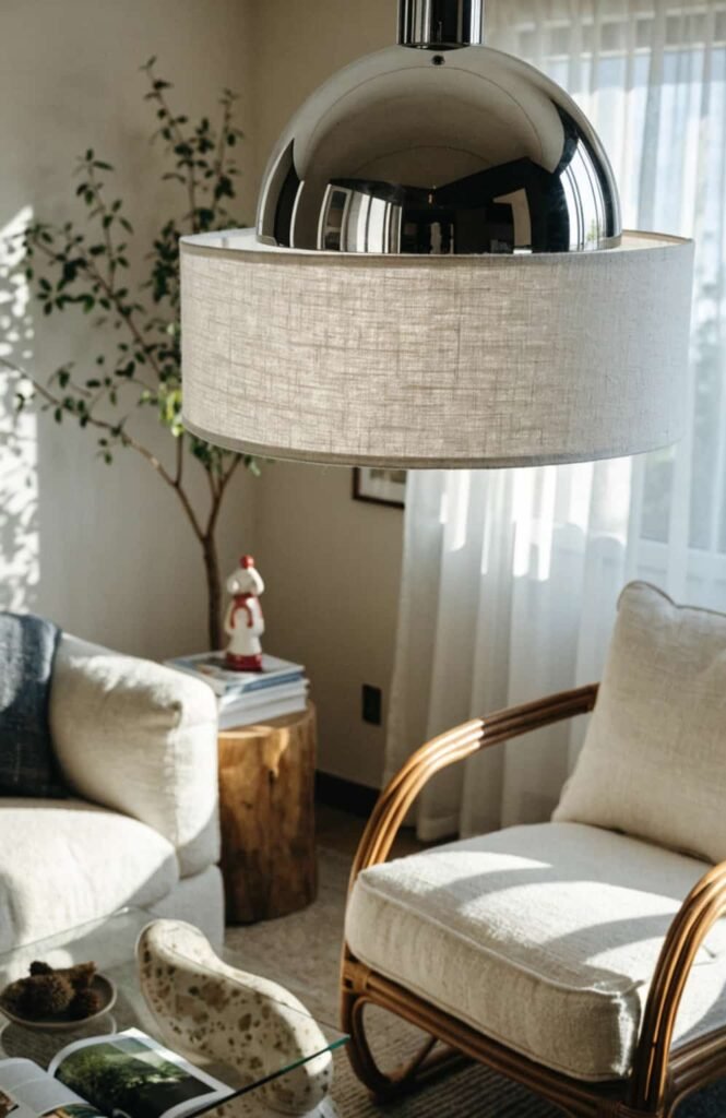 Oversized chrome pendant light with fabric shade in a trendy living room