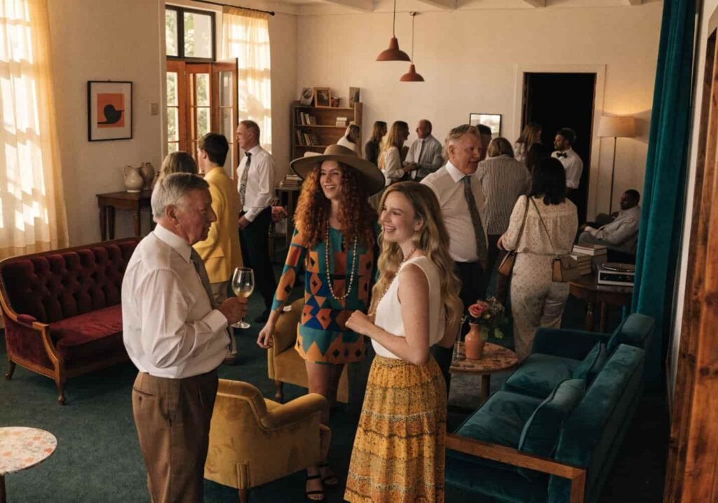 Retro-themed wedding reception with vintage furniture and warm colors